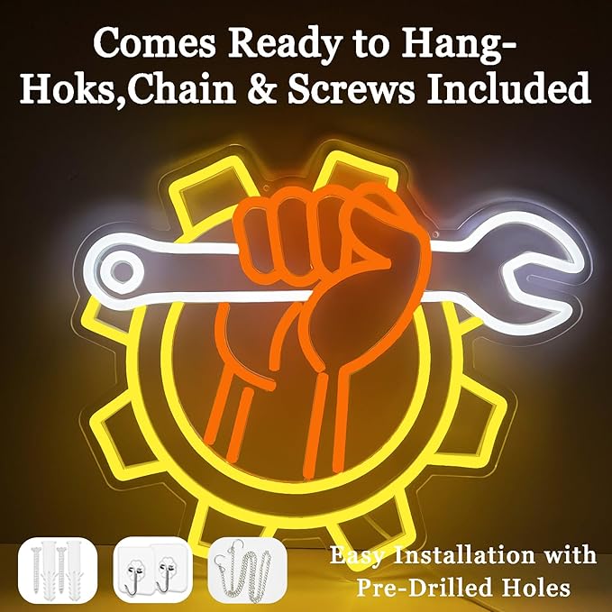 Wrench Neon Sign for Wall Decor – USB Powered LED Garage Sign with Dimmer, Car Room Accent Light, Auto Repair Workshop Wall Lamp, Man Cave Neon Decor, Gift for Dad or Car Enthusiast 13"x14.3"