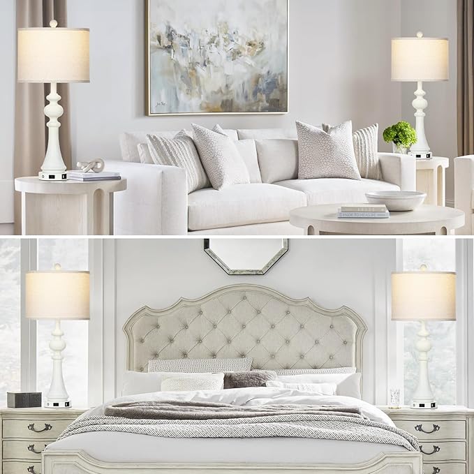28" Farmhouse Lamps Set of 2 with USB A+C Fast Ports & AC Outlets, Vintage Rustic 3-Way Dimmable Touch Control Table Lamps, Rustic Traditional Bedside Nightstand Lamp for Living Room Bedroom White