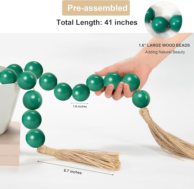 OMISHE Extra Large Wood Bead Garland Green with 1.6" Diameter Wooden Beads and Tassels, 41" Long Rustic Farmhouse Country Decorative Beads for Home Tiered Tray Decor, Green