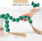 OMISHE Extra Large Wood Bead Garland Green with 1.6" Diameter Wooden Beads and Tassels, 41" Long Rustic Farmhouse Country Decorative Beads for Home Tiered Tray Decor, Green