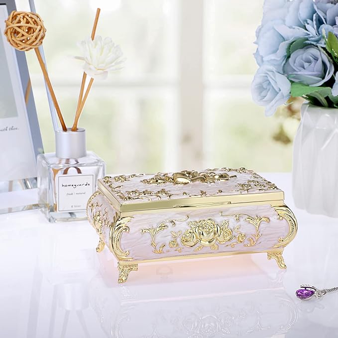 ELLDOO Vintage Music Box, Beige Metal Musical Jewelry Box Keepsake Box, Small Trinket Jewelry Storage Box Gift for Girl Women (Tune: You are My Sunshine)