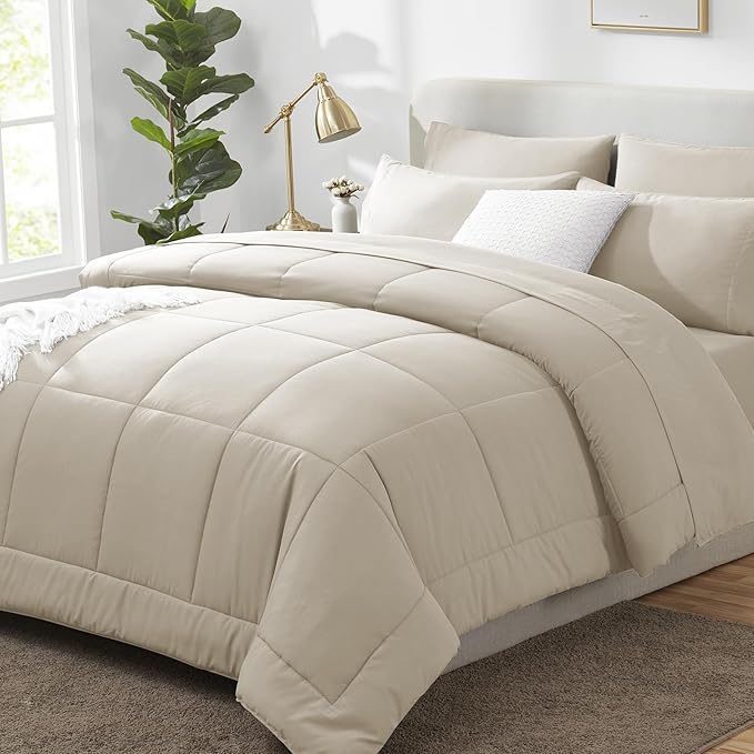 CozyLux Queen Comforter Set Oatmeal, 7 Pieces Bed in a Bag, Oatmeal Comforter Queen Size, All Season Bedding Sets with Stitch Quilted Comforter, Flat Sheet, Fitted Sheet, Pillowcases
