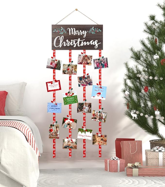 AKEROCK Christmas Card Holder Display, Christmas Wall Decor - Wooden Hanging Christmas Picture Frame with 30 Clips for Xmas Holiday Wall Door Window Home Décor