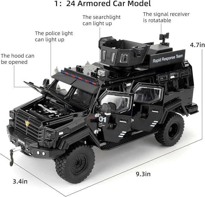 Compatible for 1:24 Saber-Toothed Tiger Alloy Armored Car Model, Collectible Diecast Armoured Explosive Protected Vehicle Toy, Pull Back Toy Car with Sound and Light for Adult Kids (Black)