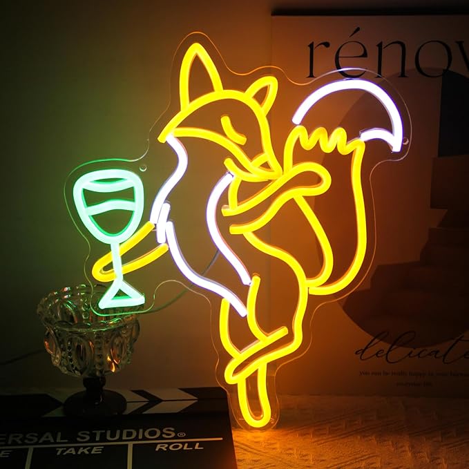 Fox Beer Neon Signs for Wall Decor Cool Animal Neon Sign Orange White Fox Neon Light Dimmable Drink Wine LED Sign Bar Neon Light Up Sign for Bedroom Kitchen Man Cave Bar Decor Birthday Gift