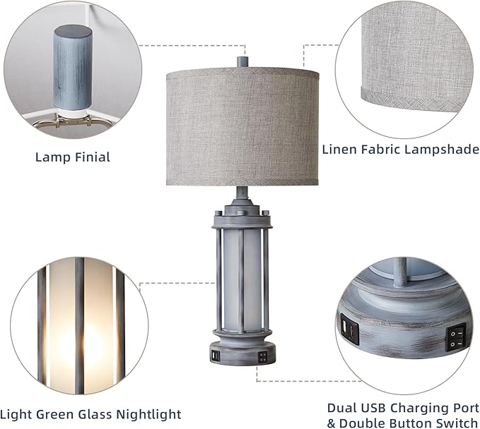 Rustic Table Lamp for Bedroom Living Room with 2 USB Ports, Farmhouse Vintage Nightstand Lamp 25'' with Light Green Glass Nightlight, Antique Retro Desk Lamp for Entryway, 2 Bulbs Included