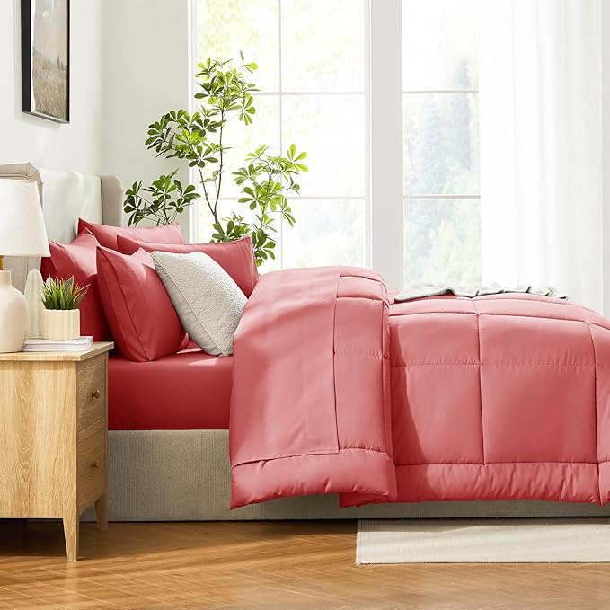 CozyLux Queen Comforter Set Coral, 7 Pieces Bed in a Bag, Coral Comforter Queen Size, All Season Bedding Sets with Stitch Quilted Comforter, Flat Sheet, Fitted Sheet, Pillowcases