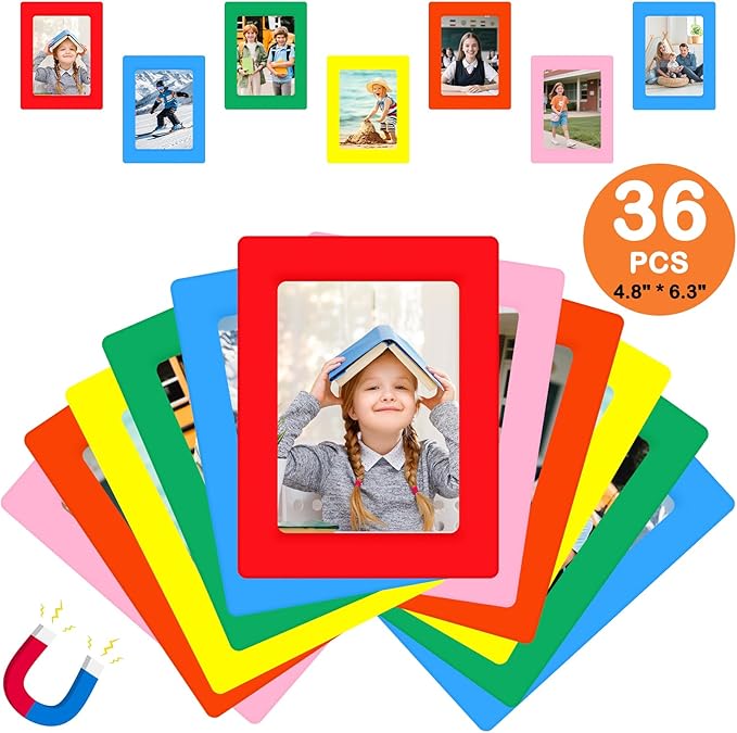 36 Pack 4 x 6 Inch Colorful Magnetic Photo Frames - Reusable magnetic frames for refrigerator for Back to School, Classroom, Office, Home, Back to Locker (Multiple Colors)