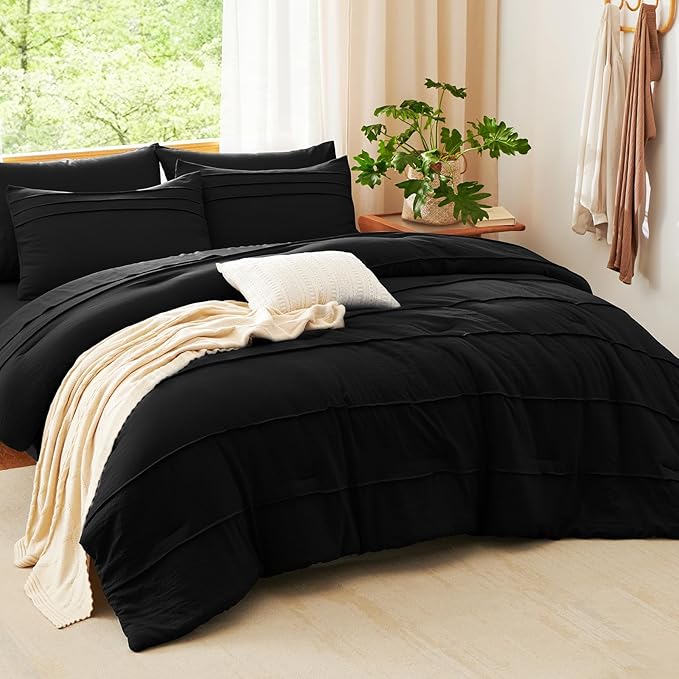 CozyLux Full Size Comforter Sets Black, 7 Pieces Soft Pinch Pleat Bed in a Bag Full Comforter Set with Sheets, Boho Bed Set with Down Alternative Comforter, Sheets, Pillowcases & Shams