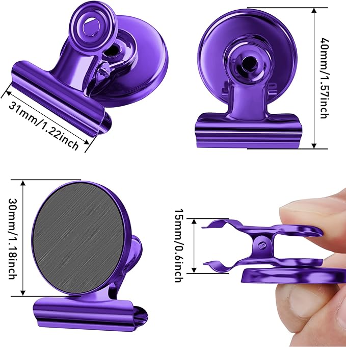 FINDMAG 12 Pack Magnetic Clips for Photo Display and Picture Hanging, Strong Fridge Magnets, Scratch-Free Heavy Duty Magnet Clips for Whiteboard, Kitchen, Office, School, Purple, 30mm Wide.