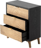 LONYKE 3-Drawer X 2P Farmhouse Dresser with Handcrafted Wood Ring Motif, Black Nightstand for Bedroom, Fully-Assembled, Morden Rustic