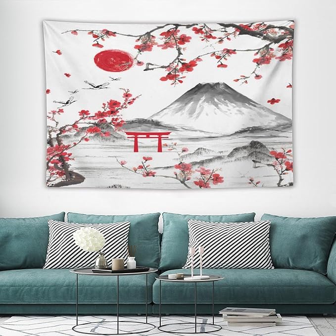 Red Cherry Blossoms Tapestry, Japanese Fuji Mountain Tapestry, Asian Japanese Wall Tapestry, Nature Landscape Tapestries for Bedroom Living Room Decor 60"x40"