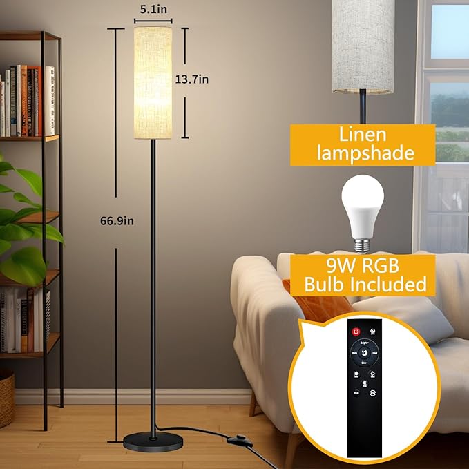 Smart LED Floor Lamp with APP Control & RGB Colors - Dimmable Standing Lamp for Living Room, Bedroom, Gaming - Remote, Timer, 9W Bulb Included, 67" Modern Tall Lamp (C:Black Beige)