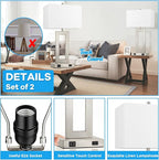 Modern Silver Table Lamps Set of 2, 28inch Tall Lamps for Living Room Bedroom with 2 USB Ports&AC Outlet, 3 Way Dimmable Touch Control Desk Lamps for Reading Home Office, 2 Bulbs Included