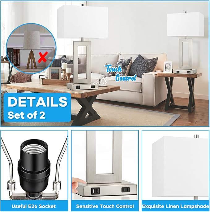 Modern Silver Table Lamps Set of 2, 28inch Tall Lamps for Living Room Bedroom with 2 USB Ports&AC Outlet, 3 Way Dimmable Touch Control Desk Lamps for Reading Home Office, 2 Bulbs Included