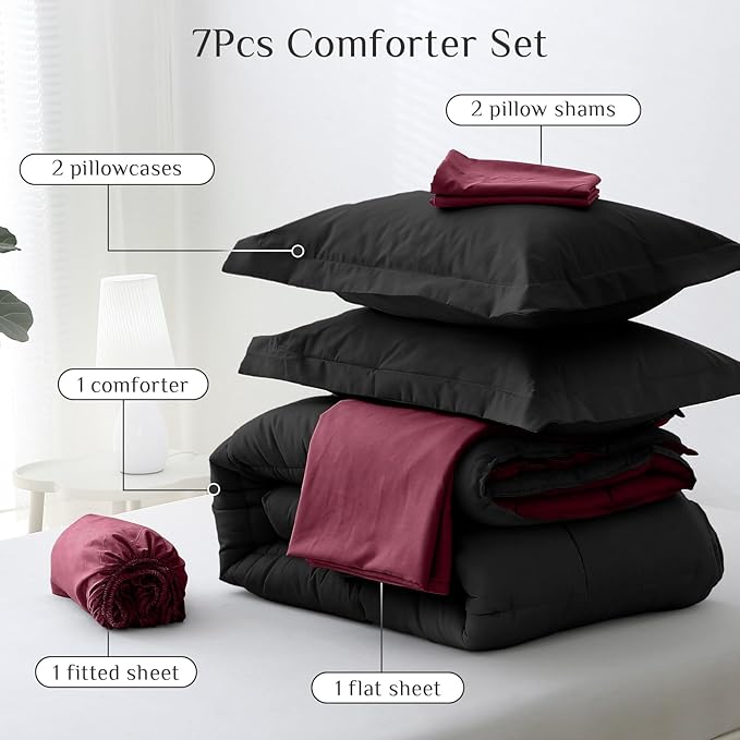 JOLLYVOGUE California King Comforter Set, Ultra-Soft Bed in a Bag Cal King Size 7 Pieces, Oeko-TEX Certified Bedding Set with Down Alternative Comforter, Sheets, Pillowcases & Shams, Burgundy & Black