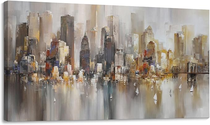 New York City Wall Art - Modern Abstract Wall Art for Living Room, Office & Bedroom Cityscape & Paintings for Bedroom brooklyn bridge Wall Art Pictures Wall Decor Chicago Artwork for Walls 24×48IN