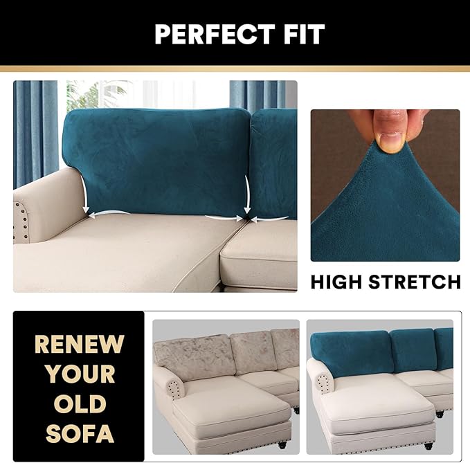 PrinceDeco Sectional Couch Covers Velvet Cushion Covers for Sectional Couch Washable Cushion Covers for Sectional Sofa Pet Friendly Sectional Sofa Slipcovers(1 Chaise Back+ 3 Sofa Back,Deep Teal)