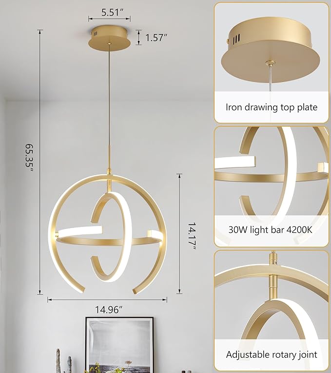 Q&S Modern Led Chandelier Gold Round Globe LED Hanging Pendant Light Fixtures for Entryway Kitchen Island Dining Room Living Room