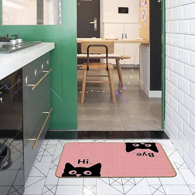 Mingnei Hi Bye Cat Welcome Doormat - Funny Black Cat Lover Floor Mat for Home Kitchen Entrance, 30x17 Pink