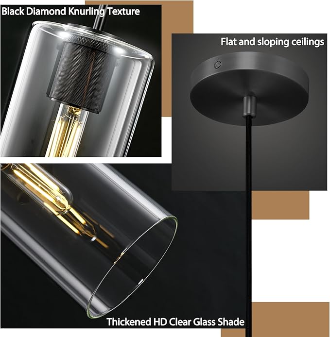 Modern Black Pendant Lights Kitchen Island 2 Pack Glass Pendant Light, 9.5in Farmhouse Clear Glass Cylinder Pendant Light Kitchen Pendant Lighting Over Island for Sink, Bathroom, Bar,Dining