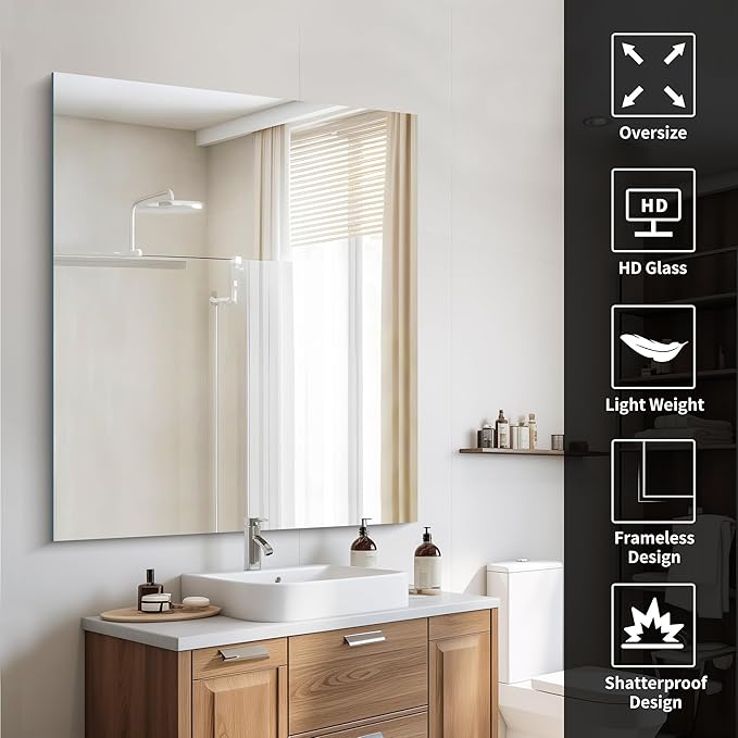Frameless Mirror, 40x48 Inch Large Bathroom Mirrors for Wall Over Sink, Upgraded Shatterproof Vanity Mirror with Polished Edge for Bathroom,Bedroom,Living Room and Entryway