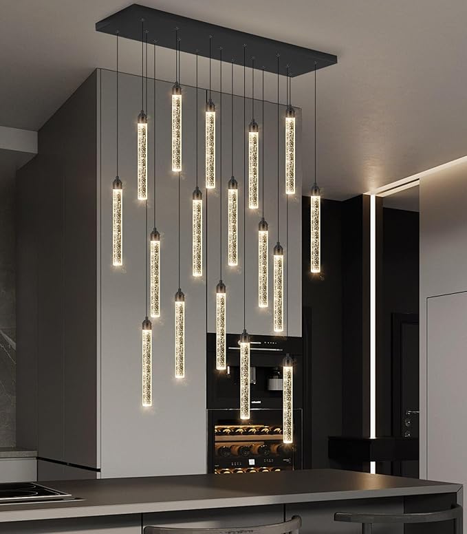 Rectangular Chandeliers 17-Lights Long Light for Entryway LED Dimmable Chandeliers Lighting Fixture Flat Sloped High Ceiling Pendant Lights Crystal for Living Room Foyer Hallway Staircase Black