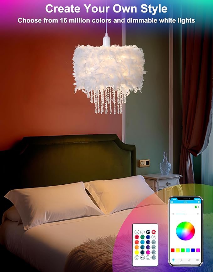 Star Vision Feather Lamp with Smart Light Bulb, Bluetooth Speaker & APP Control, Dimmable RGB LED Light, Acrylic Crystal Droplets, 15.7inches, White