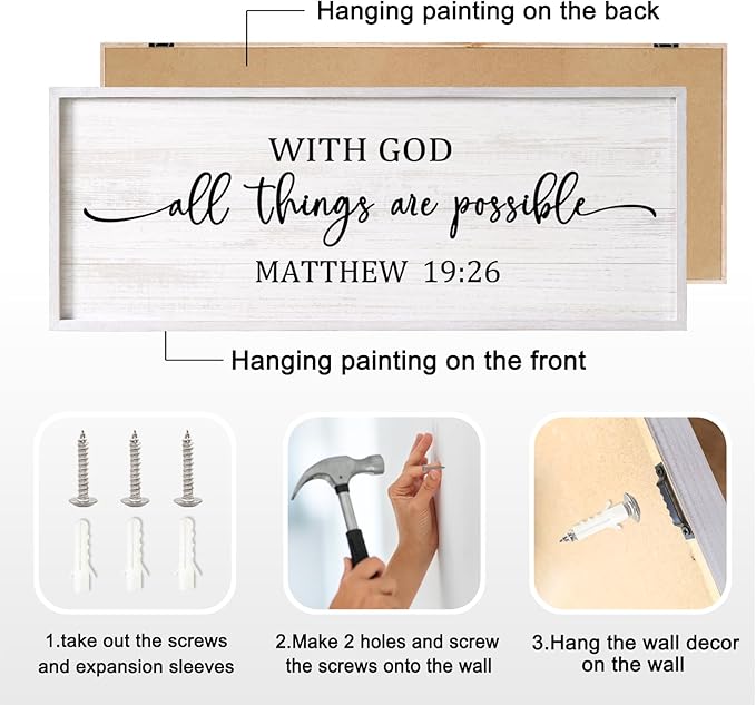 With God All Things are Possible Framed Wall Art, 40''×15'' Vintage Holy Religious Rustic Bible Verse for Christian God Jesus Christ Prayer, Positive Horizontal Inspirational Catholic Scripture Decor