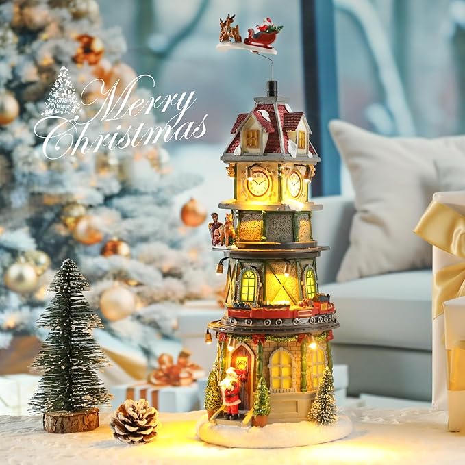 Taman Christmas Village Collectible Buildings, Clock Tower Figurine with Revolving Train Music, Warm Light Christmas Ornaments for Holiday Decorations