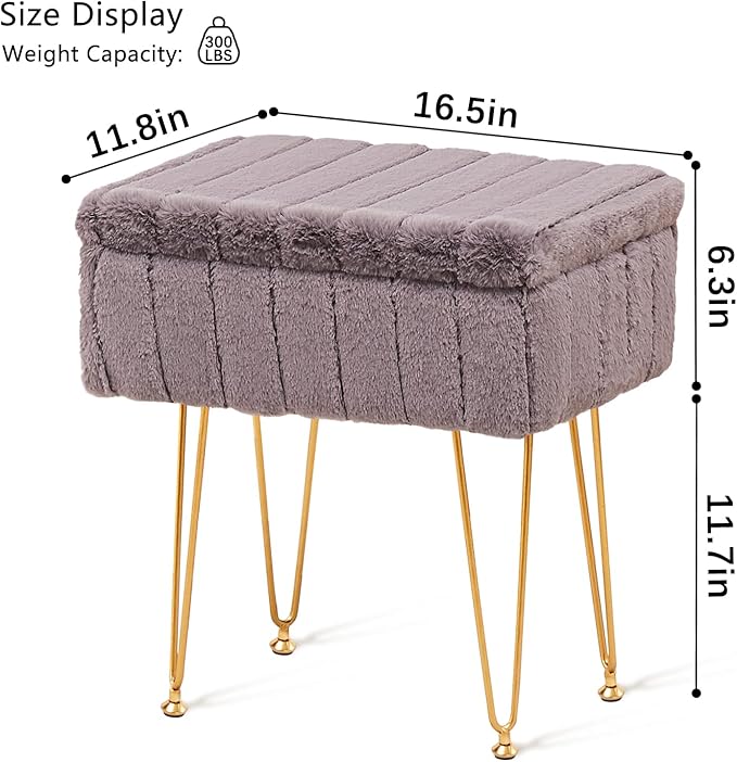 Wimarsbon Faux Mink Fur Storage Ottoman, Modern Soft Footstool, Storage Bench with Metal Legs, Vanity Seat, Fur Stool, Ottoman Coffee Table, Makeup Chair, Vanity Stools for Bedroom (Grey)