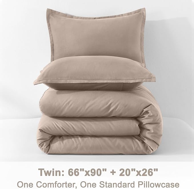 Litanika Light Coffee Twin/Twin XL Comforter Set, 2 Pieces Lightweight Solid Bedding Set, All Season Fluffy Bed Set (66x90In Comforter & 1 Pillowcase)