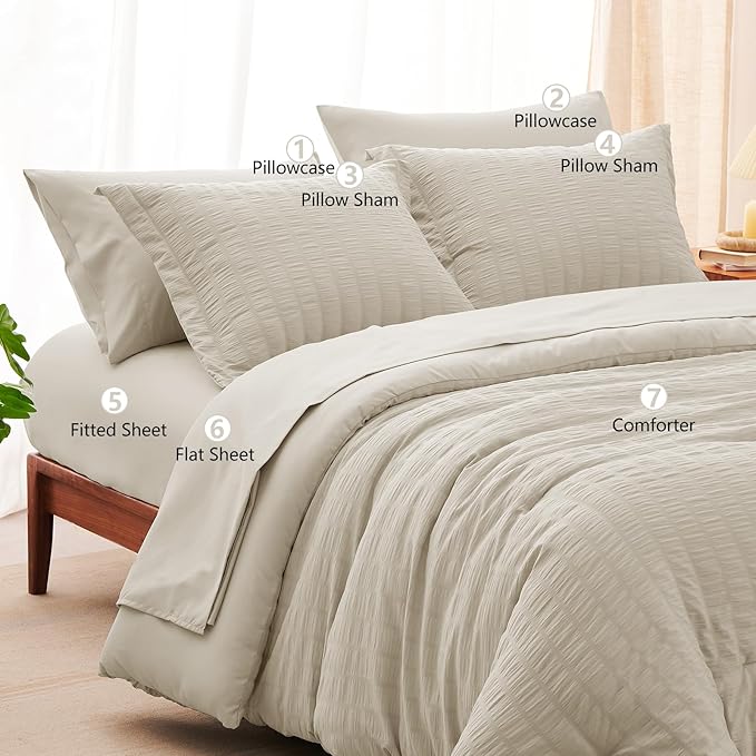 CozyLux Queen Comforter Set Oatmeal Seersucker 7 Pieces Bed in a Bag Queen Comforter Set with Sheets Luxury Soft Bedding Set with Down Alternative Comforter, Sheets, Pillowcases & Shams for All Season