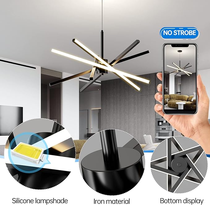 Modern Sputnik Chandelier Ceiling 82W LED Black Pendant Light Embedded Mount Chandeliers Dining Room Light Fixtures Over Table Dimmable with Remote Control for Living Room Kitchen Bedroom 31.5 inches