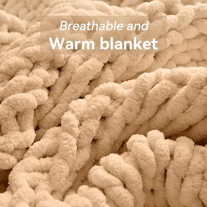 Chunky Knit Throw Blanket, 30''*40'' Knitted Throw Chenille Yarn for Bed Couch, Handmade Beige Crochet Big Thick Blanket, Machine Washable Cute Comfy Blanket for Home Decor