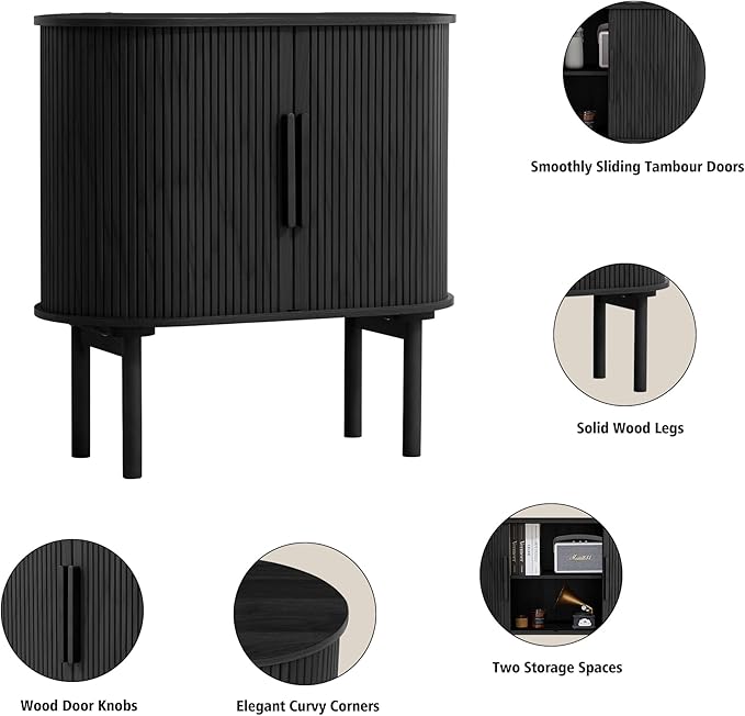 31'' Fluted Sideboard Buffer Cabinet, Modern Credenza Storage Cabinet with Slide Doors, Bar Cabinet Console Table for Living Dining Room Kitchen Hallway Entryway, Black