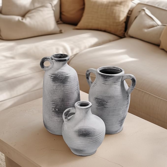 Rustic Farmhouse Vase, Ceramic Terracotta Vase with Handle, 6 inch Pottery Decorative Flower Vases for Home Decor, Table, Living Room, Bathroom, Shelf, Mantel Decor Grey