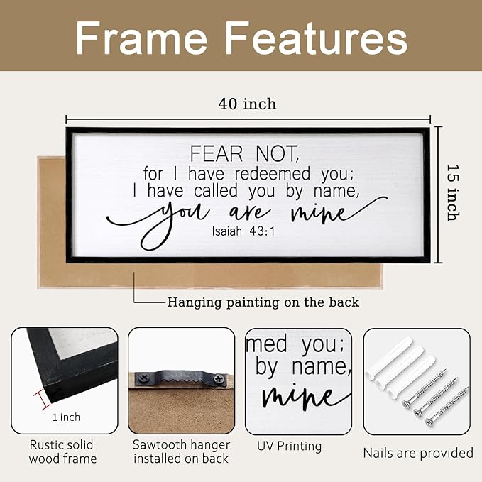 Fear Not for I Have Redeemed You Sign Framed Wall Art, 40''×15'' Rustic Religious Christian Isaiah 43:1 Bible Verse Sign, Horizontal Holy Inspirational Catholic Scripture Decor