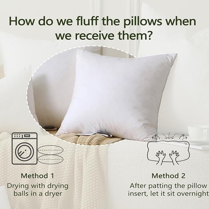 DWR Set of 2 Feather Down Throw Pillow Inserts 22x22 with Organic Cotton Cover, Feather Square White Decorative Pillow Inserts for Bed, Sofa, and Couch