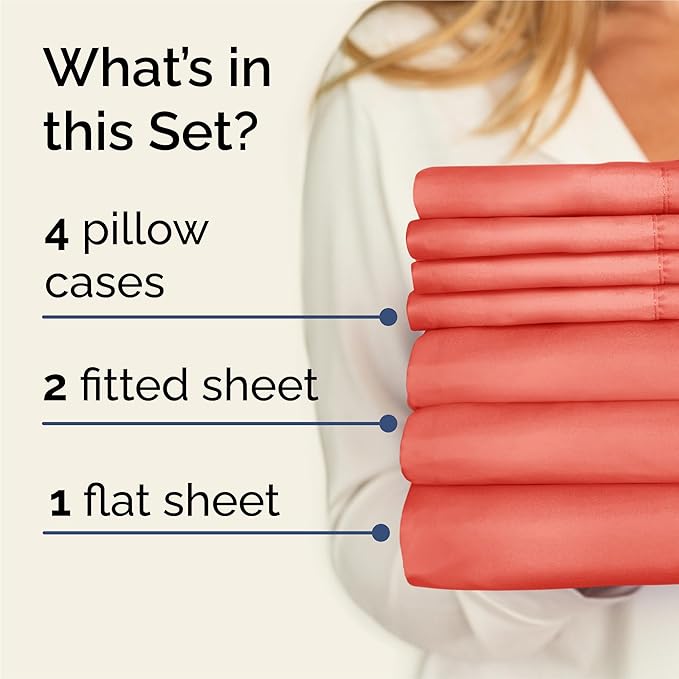 Split King Sheets Set 7 Piece - Includes 4 Pillowcases - Bed Sheets Split King - Soft Hotel Luxury Bedding - Cooling, Comfy & Breathable - 1 Flat & 2 Fitted & 4 Pillowcases w/ Deep Pockets - Coral
