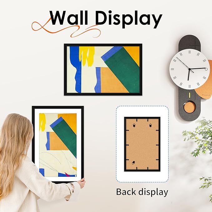 FIXSMITH 11x17 Picture Frame Set of 4, Photo Frame with HD Plexiglass, Display Pictures 9x15 with Mat or 11x17 Without Mat, Black Picture Frames Collage Wall Decor, Gallary Wall Frame