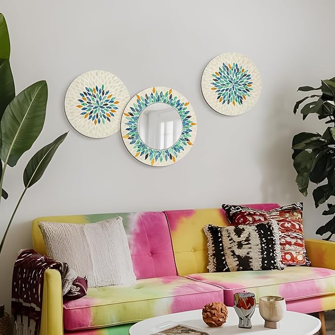 TEIPAI Jewel-Tone Mother of Pearl Mirror Wall Decor for Living Room, 3PCS Handmade Round Wall Art for Home Guest Room Decoration, Unique Mosaic Art Gift for Birthday Wedding Housewarming (Colored)
