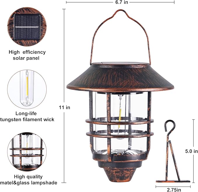 Solar Lantern Outdoor, Hanging Waterproof Solar Lights with Wall Mount Kit for Garden Porch Fence 2 Pack,Bronze