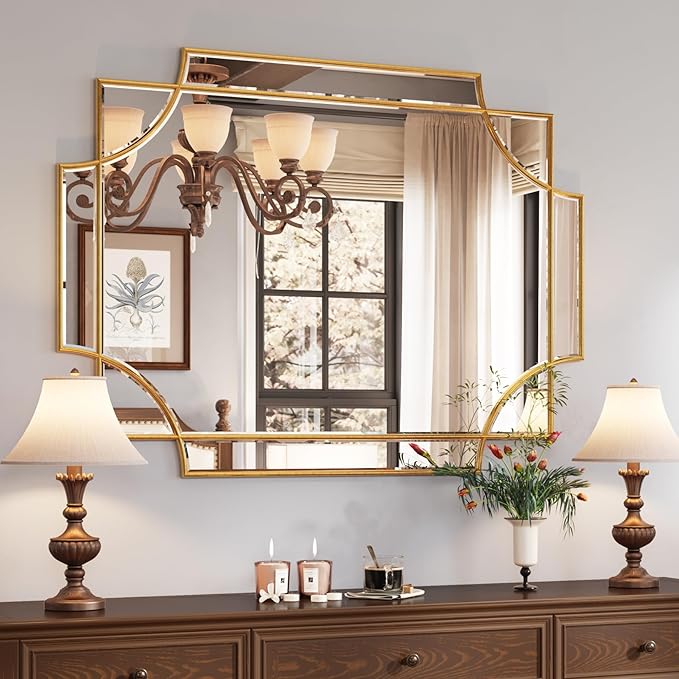 Kelly Miller Large Gold Decorative Mirror for Wall, 30"x40" Gold Bathroom Mirror Vanity Wall Mirror Rectangle Mirror Beveled for Master Bath Half Bath Living Room Bedroom Farmhouse Fireplace Hallway