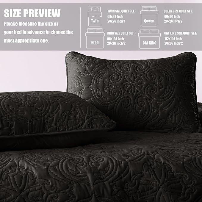 Exclusivo Mezcla Quilt Set Oversized King Size with 2 Pillow Shams, Lightweight Black Quilts with Vintage Damask Pattern, Soft Cal King Bedspreads Coverlets Bedding Set for All Seasons