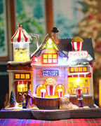 Bdor Christmas Village Lighted Decoration Animated Display Musical Christmas Collectible Popcorn Factory Battery Operated Resin Indoor Decor