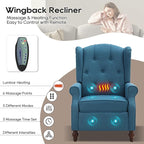 Wingback Recliner with Massage and Heat Tufted Fabric Push Back Recliner Chair for Living Room Vintage Wingback Chair with Remote Control, Padded Cushion, Backrest, Wooden Legs