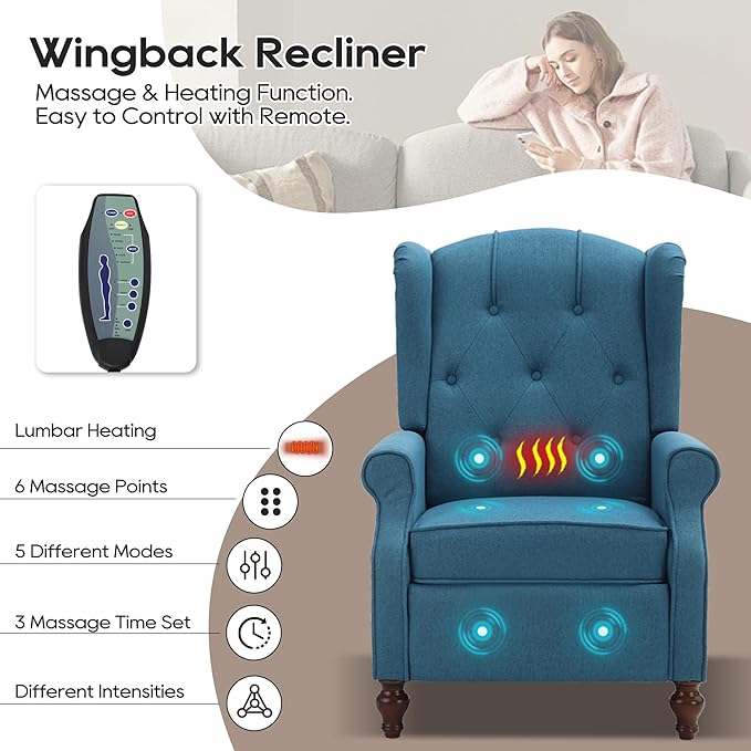 Wingback Recliner Chair with Massage and Heat, Tufted Fabric Push Back Recliner Chair for Living Room, Vintage Wingback Chair with Remote Control, Padded Cushion, Backrest, Wooden Legs