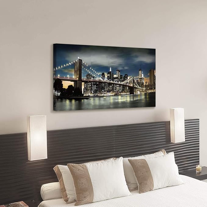 Brooklyn Bridge Canvas Wall Art: Skylines Reflections in New York Artwork for Office Living Rooms(40”x20”)