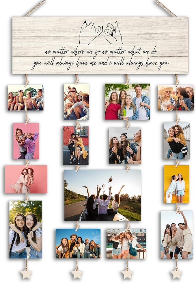 Orchroma Friends Picture Frames Collage Wall Decor,Long Distance Friendship Gifts,Friends Photo Picture Board,Hanging Photo Display with Clips,Home Liveing Room Dorm Bedroom Wall Decor(Burlywood)